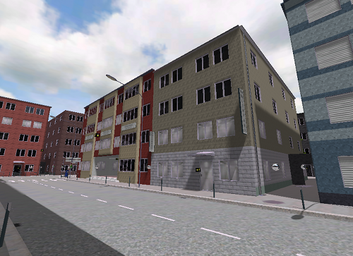 A city scene with individually colored facades using only 3 different tintable materials