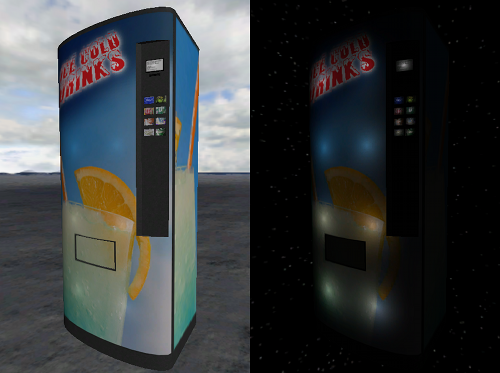 Vending machine at day and night with automatic lights due to the emissivity texture property