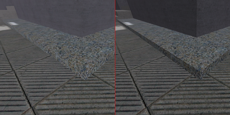 Comparison between improved shading in shadows and conventional flat shading