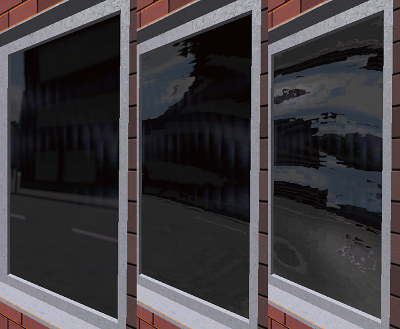 Reflection in a window with different strength of a distorting normal map
